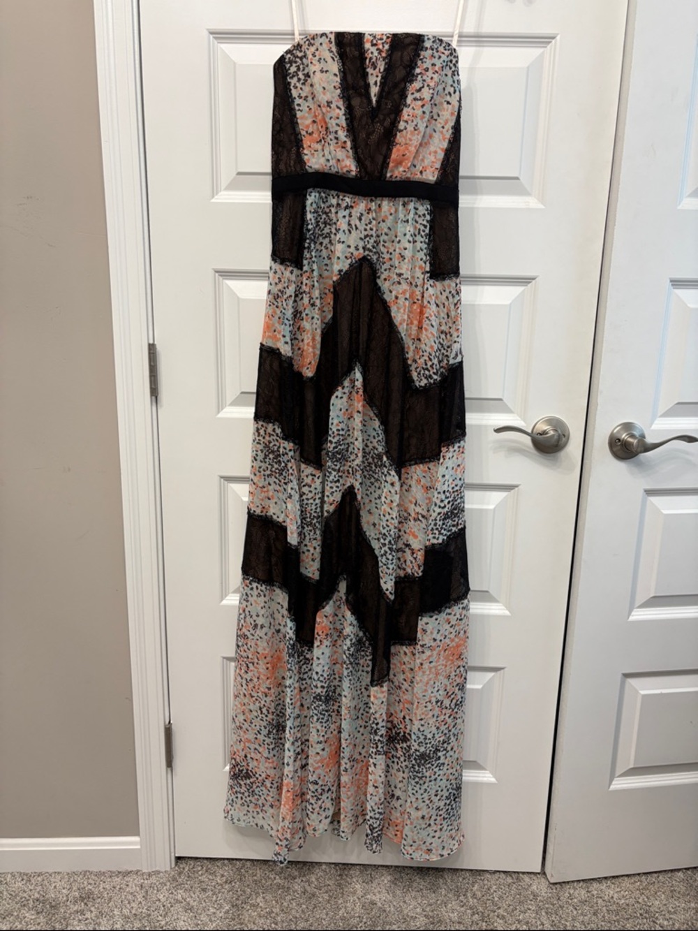 BCBG MaxAzria Strapless Elle Chevron Lace Trim Floral Maxi Dress Black